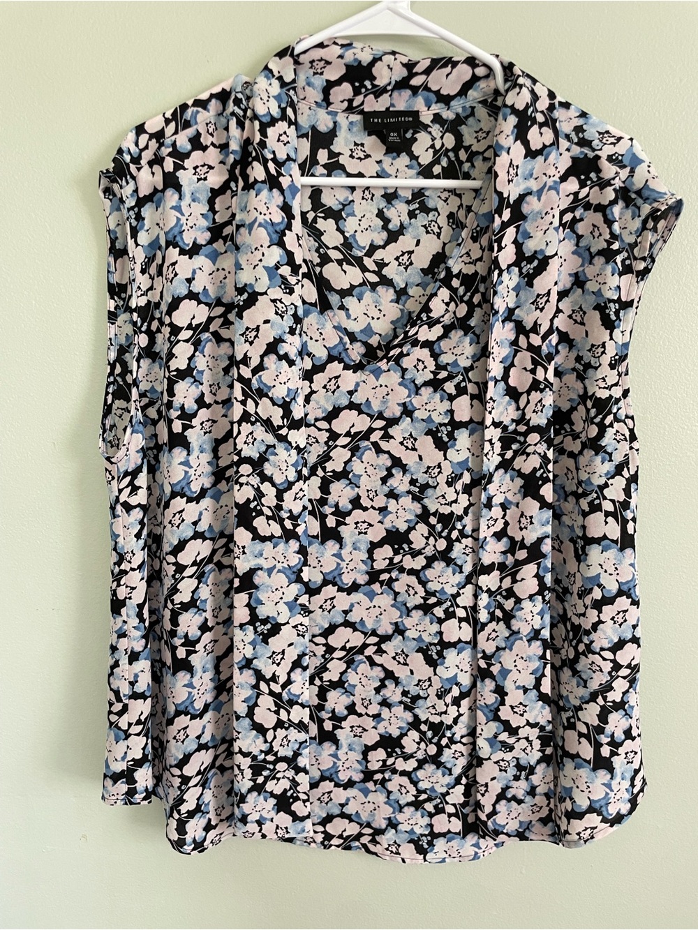 The Limited Black Floral Tie-Neck Sleeveless Blouse Light Blue and Pink Flowers - Picture 5 of 6